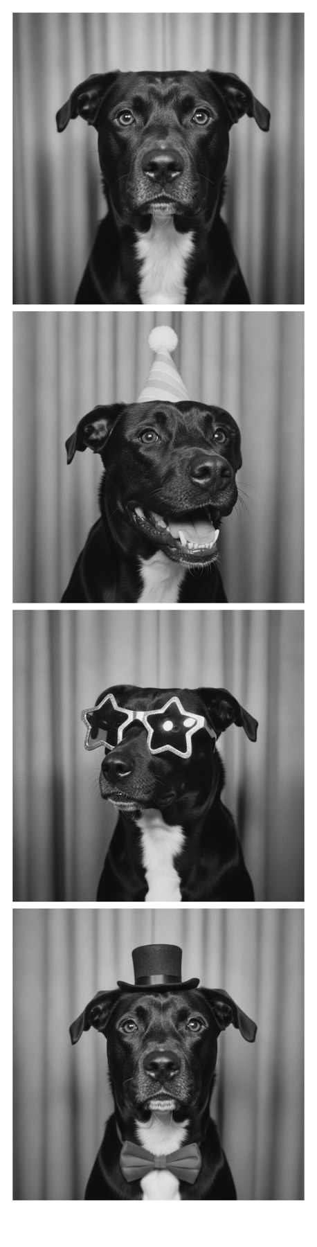 Black and white photo booth strip of Happy