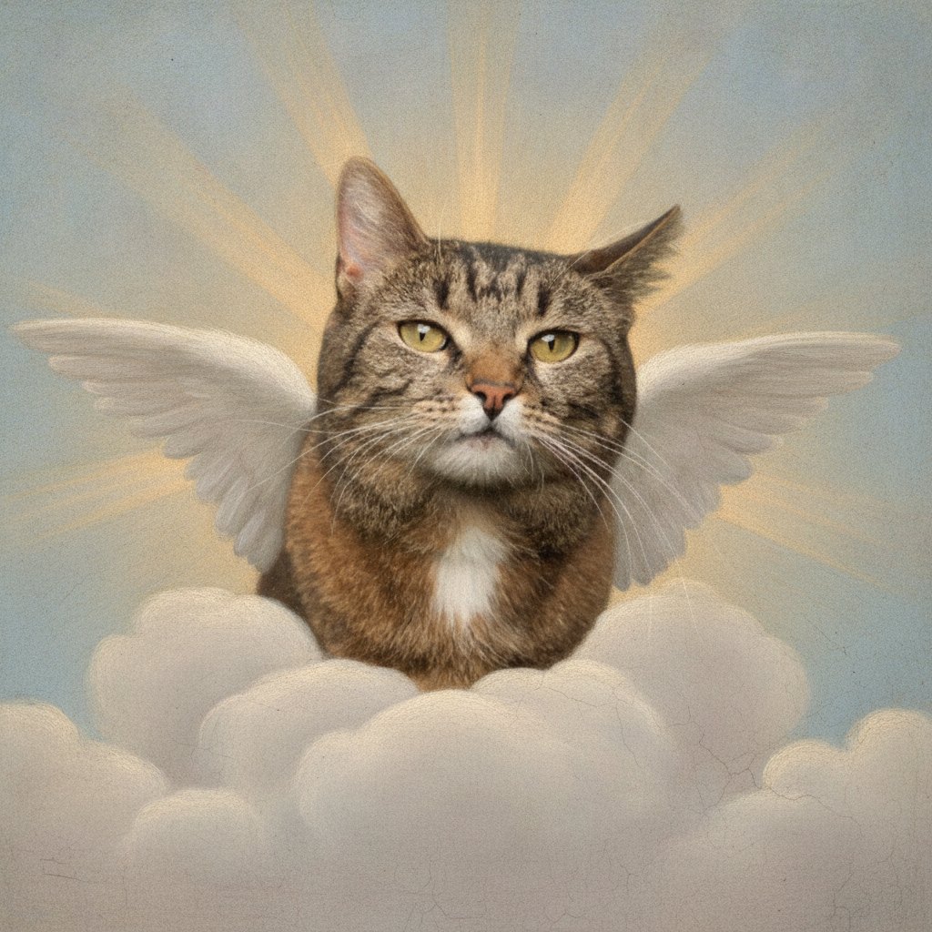 Cat as a cherub on a cloud