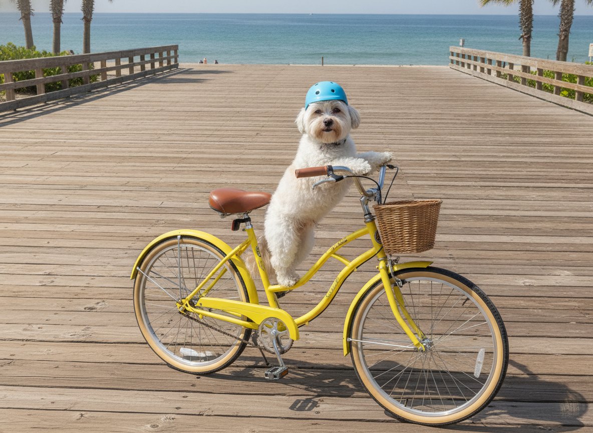 Little one on a yellow bike on the boardwalk
