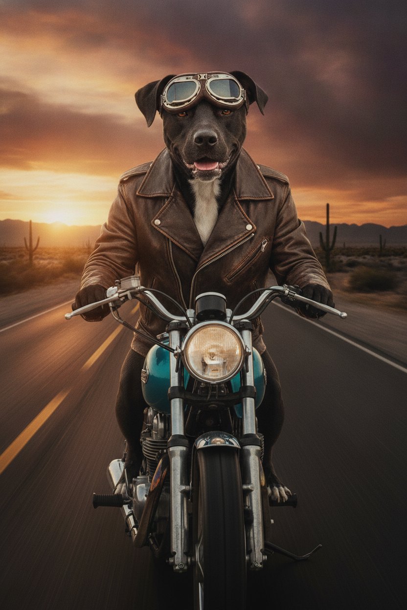Happy on a motorbike at sunset